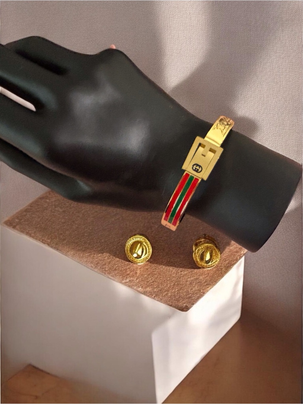 Gold Bracelet with Red & Green Enamel Stripe